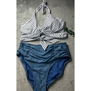 Striped Halter Bikini High Waist Ruched‎ Bottom Swimsuit Set Large